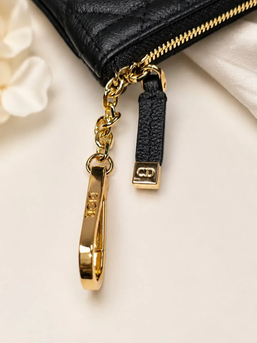 Dior Black Quilted Leather Zip Card Holder / Coin Pouch w Gold DIOR Hardware